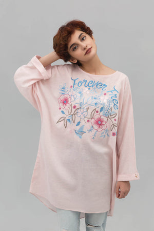 Pink Baggy Shirt with Experimental Embroidery on Cotton - yesonline.pk