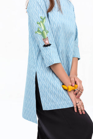 Light Blue Double Cuff Shirt In Cotton with Long Length - yesonline.pk