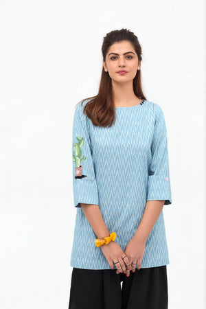 Light Blue Double Cuff Shirt In Cotton with Long Length - yesonline.pk