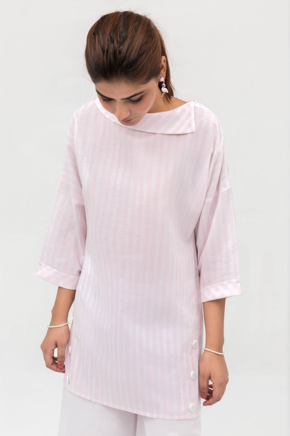 Pink Cowl Neck Long Length Fusion Shirt - yesonline.pk