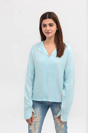 Light Blue Lapel Shirt Short Length in Cotton Rich - yesonline.pk