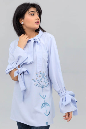 Light Blue Open Sleeve Shirt With Experimental Embroidery on Cotton Rich - yesonline.pk