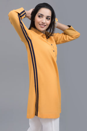 Side Stripe Solid Yellow Karandi Stitched Shirt By Yesonline - yesonline.pk
