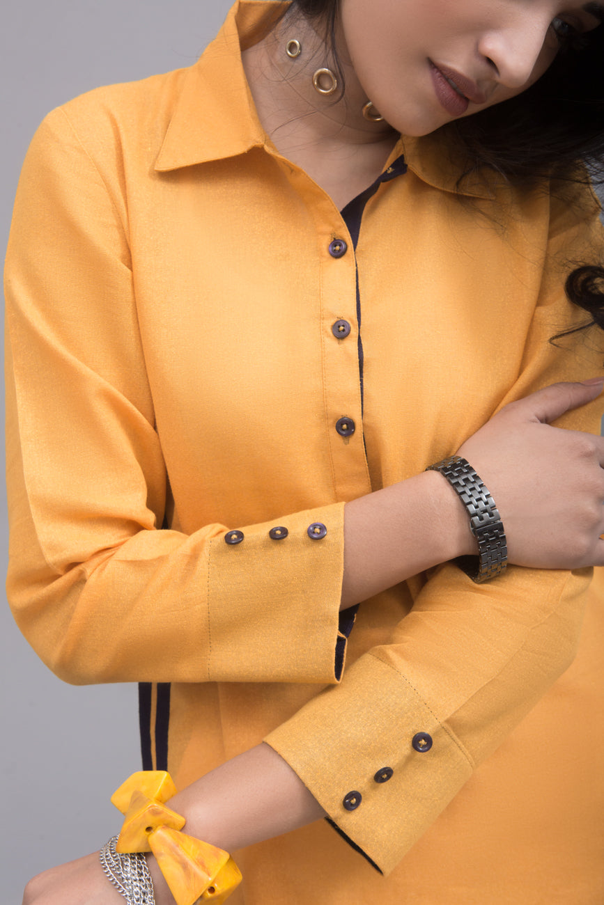Side Stripe Solid Yellow Karandi Stitched Shirt By Yesonline - yesonline.pk