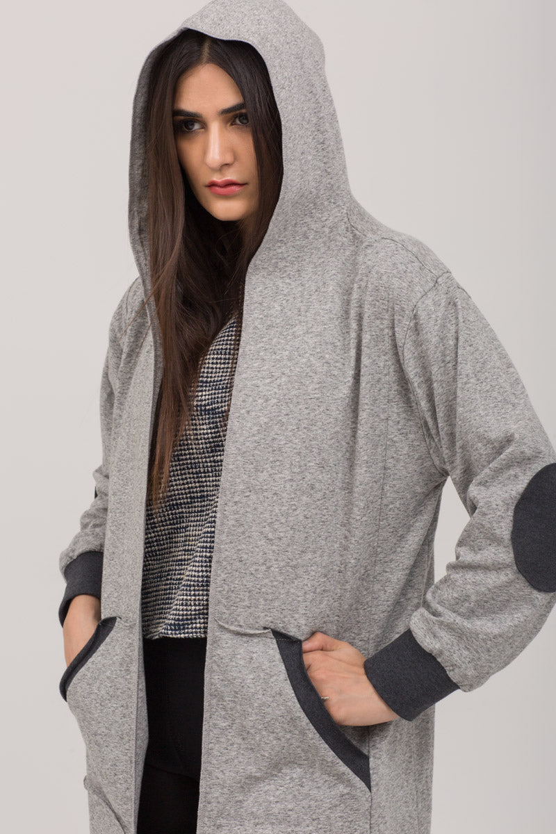 Open Long Hoodie Knits jersey Patched Hoodie - yesonline.pk