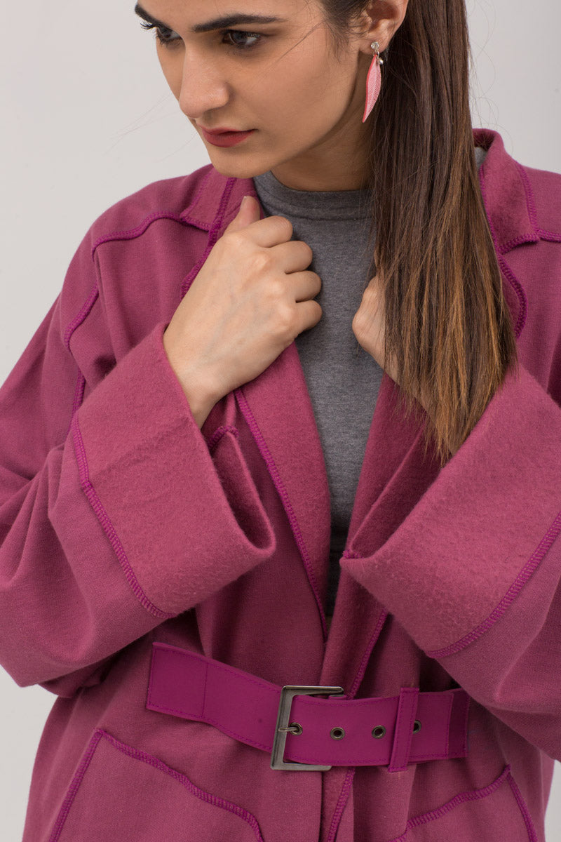Pink Fleece Winter Sweat Cardigan With Leather belt - yesonline.pk