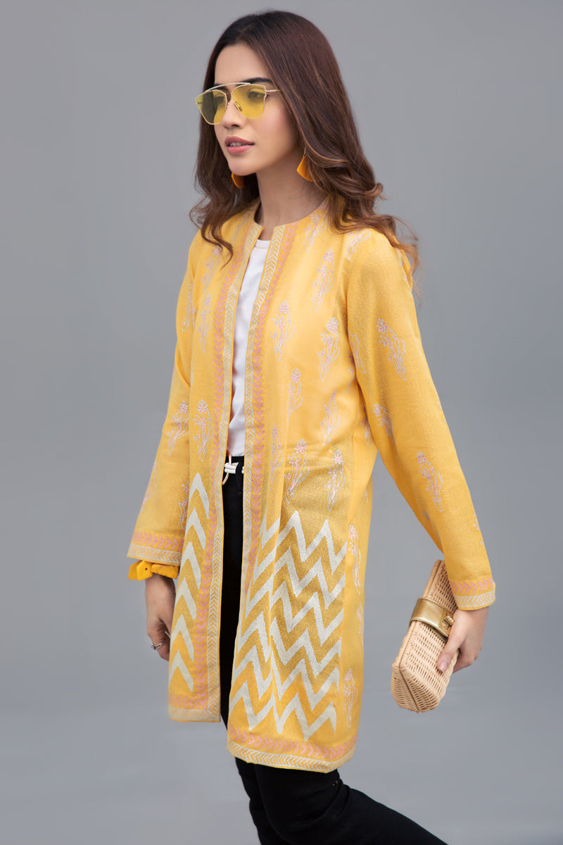 Block Printed Jaune jacket lawn karandi By Yesonline.Pk - yesonline.pk
