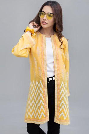 Block Printed Jaune jacket lawn karandi By Yesonline.Pk - yesonline.pk