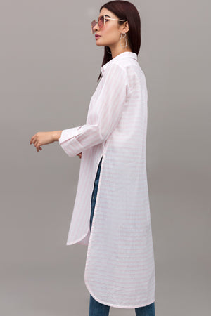 Pink & White Stand-up Collar Long Cotton Shirt  By Yesonline.Pk - yesonline.pk