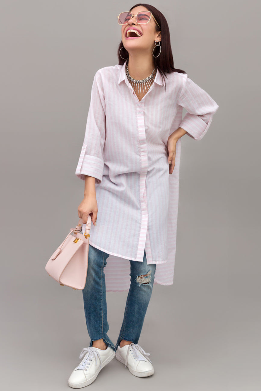 Pink & White Stand-up Collar Long Cotton Shirt  By Yesonline.Pk - yesonline.pk