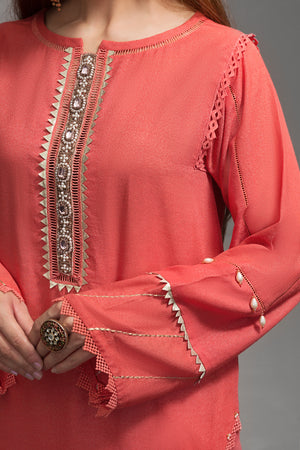 Intrepide Coral Pink 1pc  Straight Shirt (Mix Karandi) By Yesonline.Pk - yesonline.pk