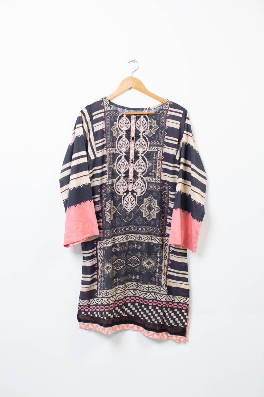 Black Kilim Pink - Digital Printed Embroidered Lawn Shirt