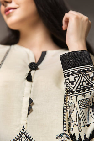 IVORY & BLACK - 1 pc PRET (Stitched) - Embroidered Cambric Shirt - yesonline.pk
