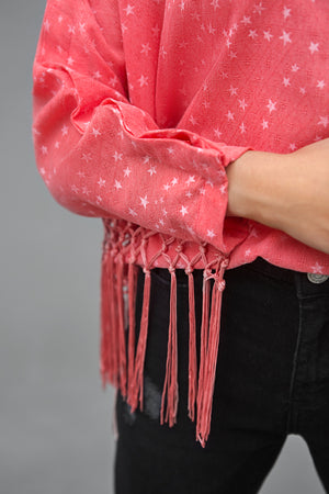 Star Pattern Side Fringes Blouse Cotton Linen  By Yesonline.Pk - yesonline.pk
